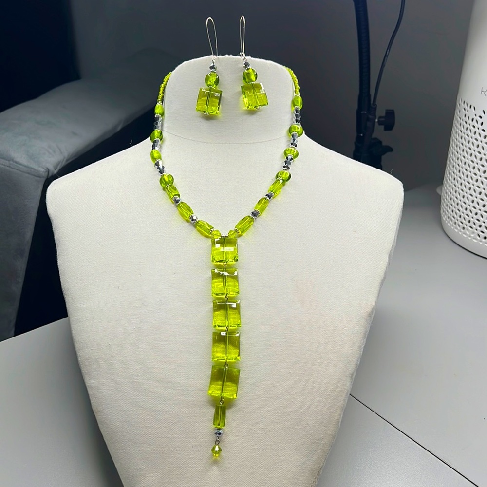 Green Goddess necklace set acrylic and glass with silver accent